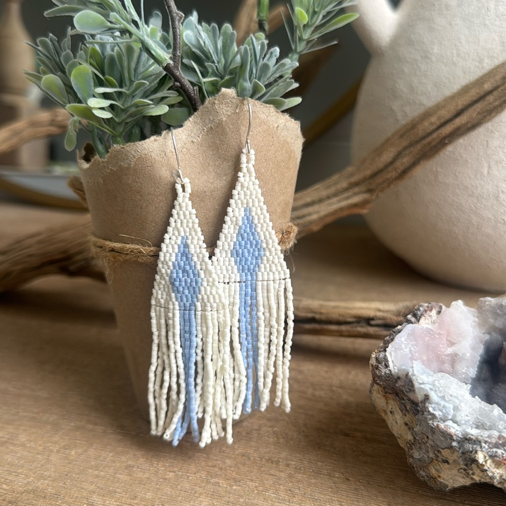 Periwinkle Fringe Arrowhead Beaded Earrings